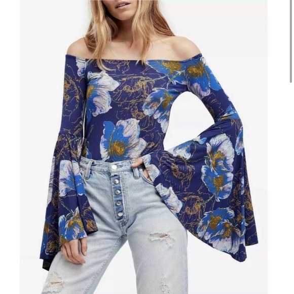 Free People Birds of Paradise Blue Bell Sleeve Top Size Small S - Picture 2 of 7